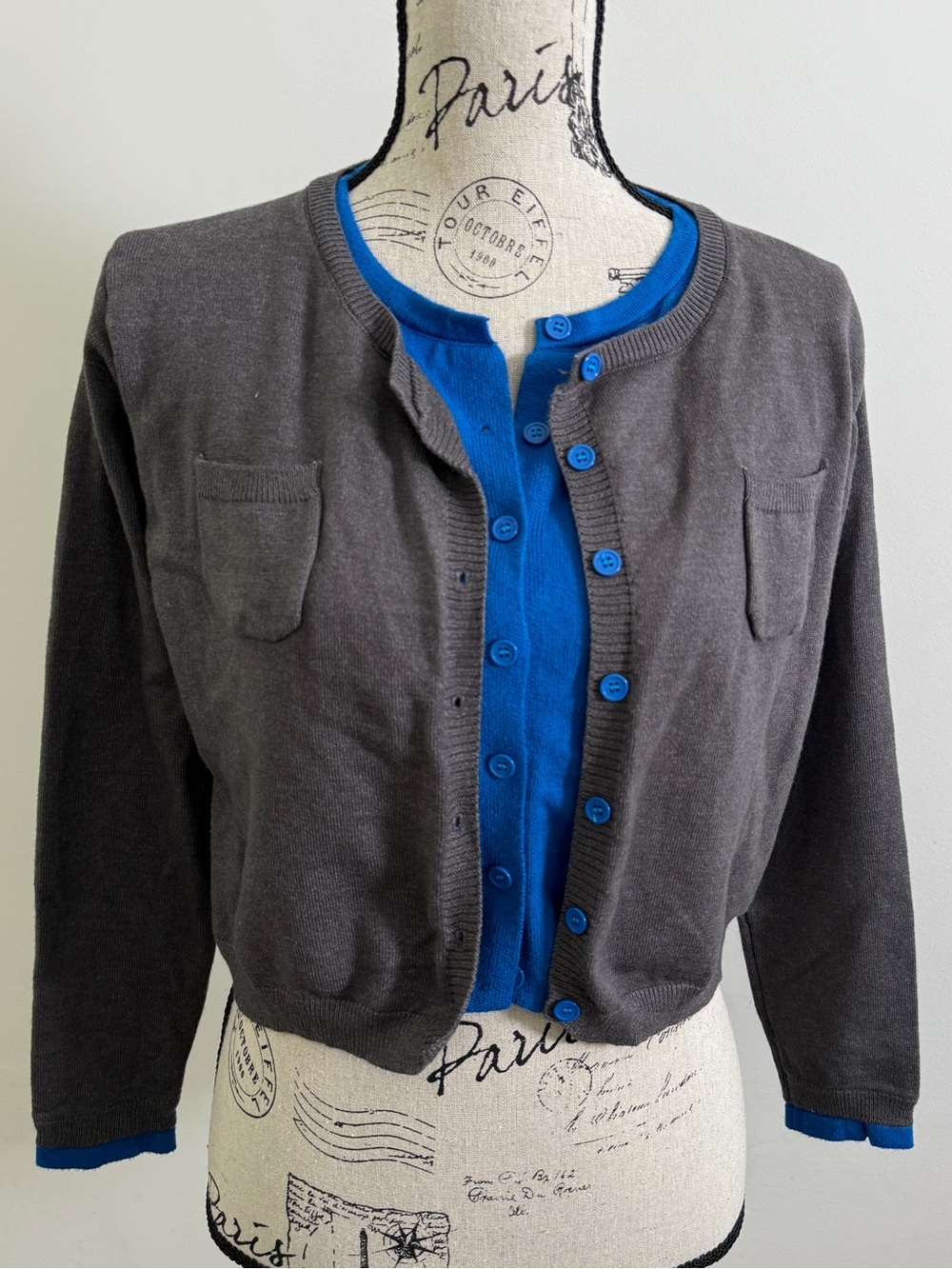 Womens Gray Double Layer Knit Cardigan Button Front Long Sleeve Sweater M Preepy - Picture 2 of 7